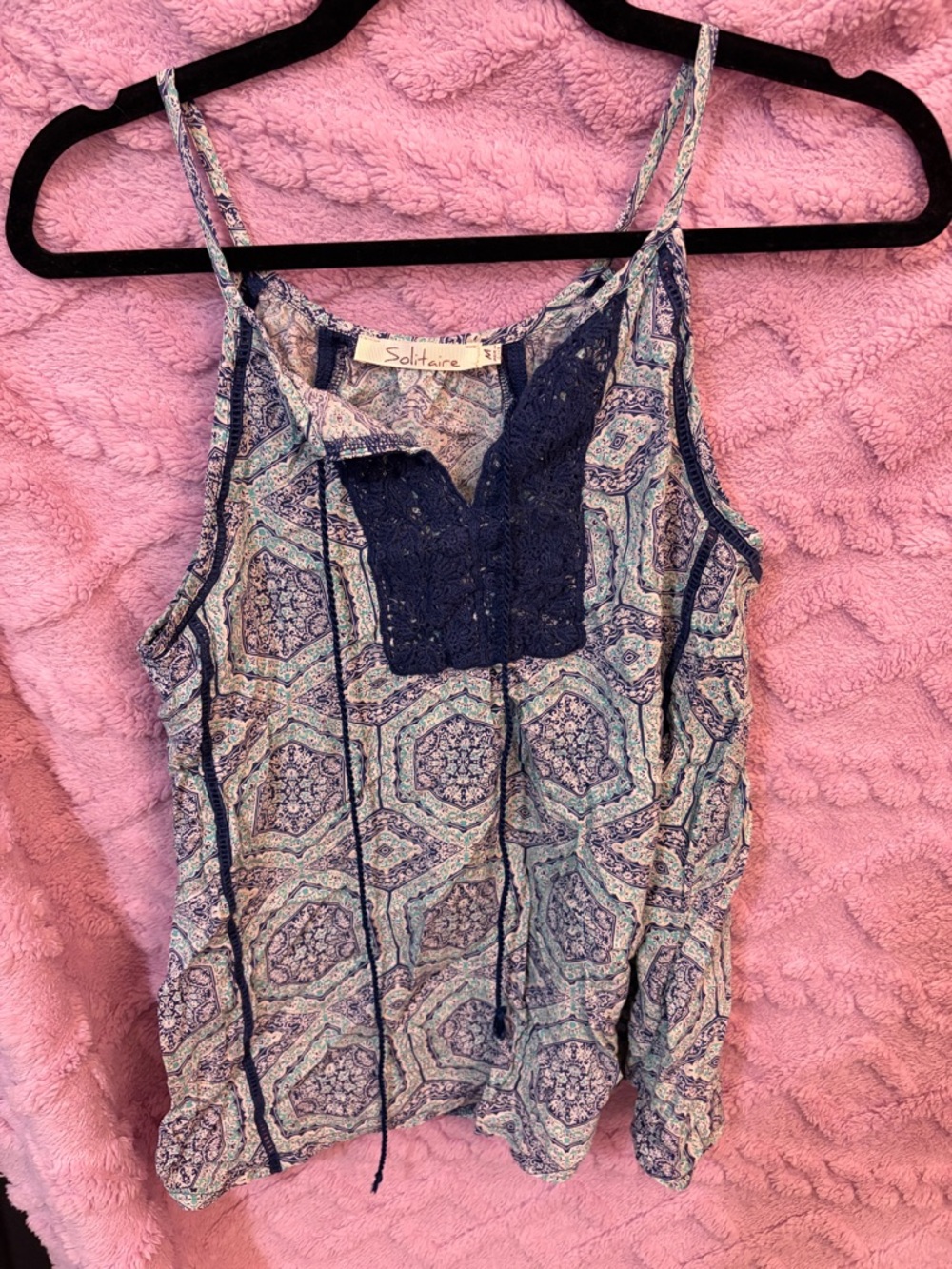Solitaire Blue Multi-Print Crochet-Front Spaghetti Strap Camisole